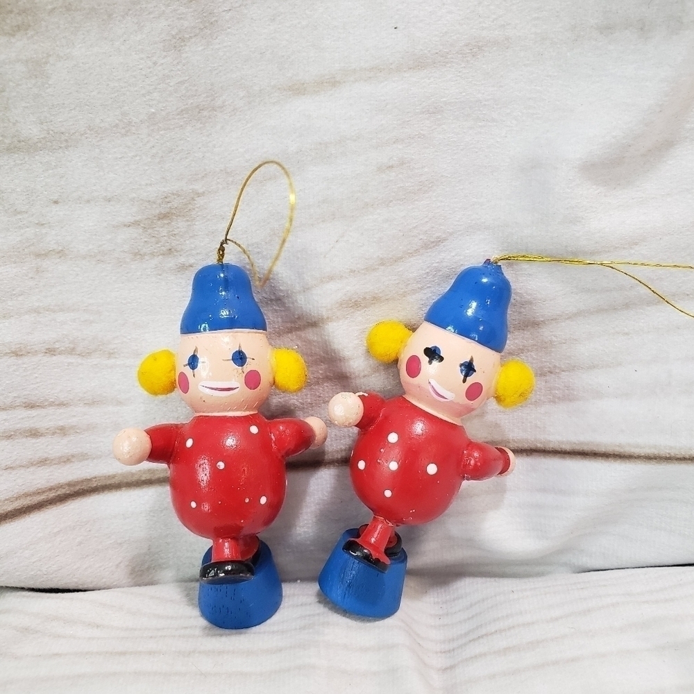 Vintage Wooden Clown Christmas Ornament Set Of 2 Red Blue Yellow 3"